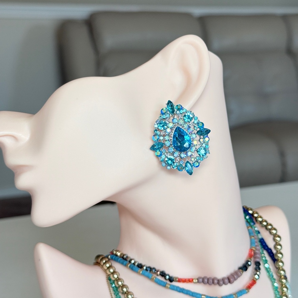 Teardrop Cluster Blue Crystal Statement Earrings